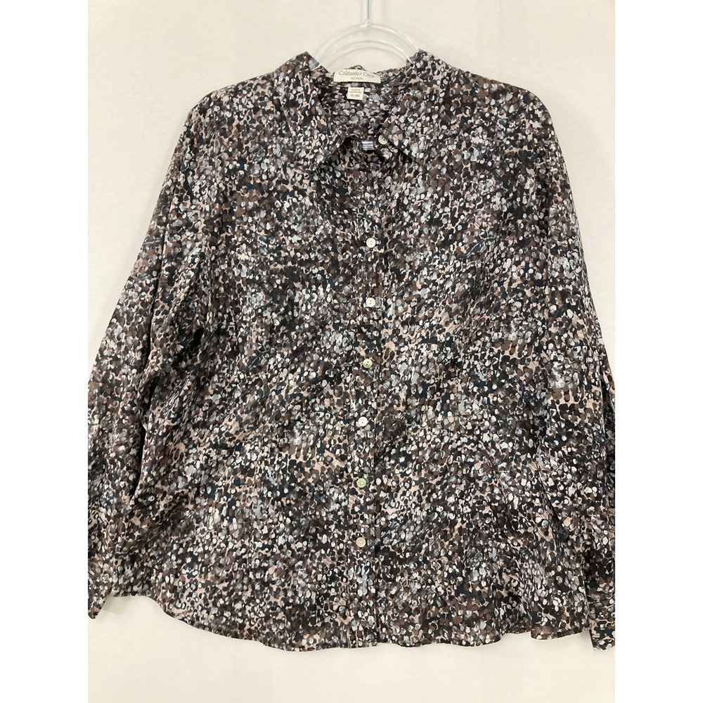 Coldwater Creek Button Down Shirt XL Brown Abstract No Iron Cotton Comfy